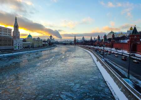 River embankment, Moscow in winter, Russia